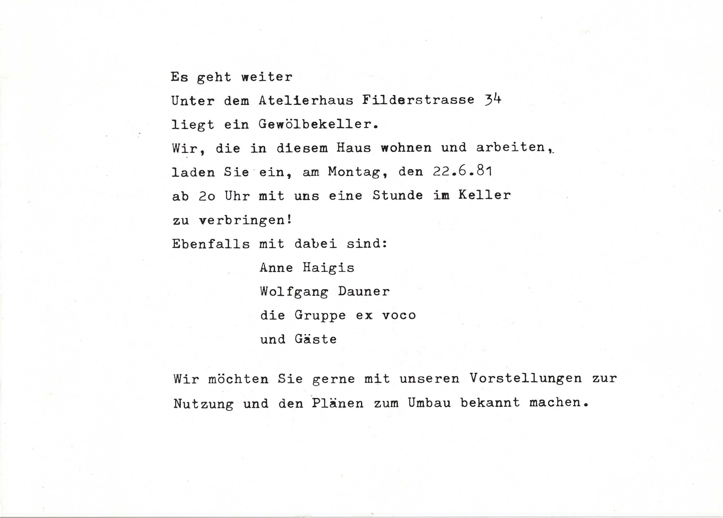 Einladungskarte mit Skizze und Grundriss, 1981. 